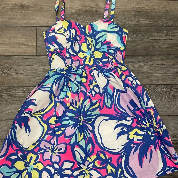 LILLY PULITZER DRESS BRIGHT PINK BLUE FLORAL WOMENS SZ 0 STRAPS RUCHED SUNDRESS - Picture 3 of 10